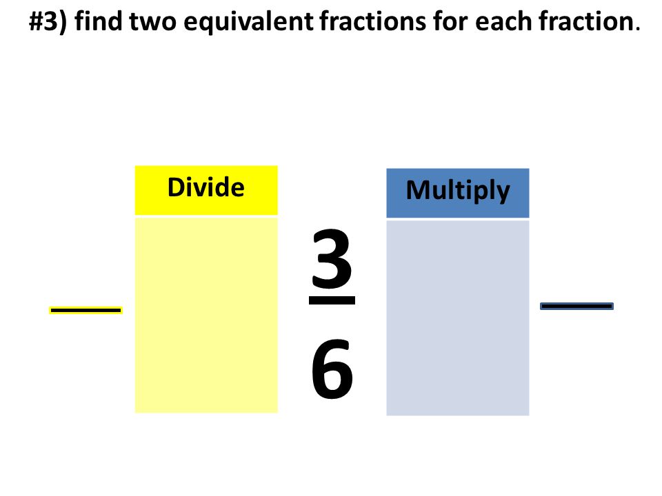 #3) find two equivalent fractions for each fraction. Multiply Divide 3 6