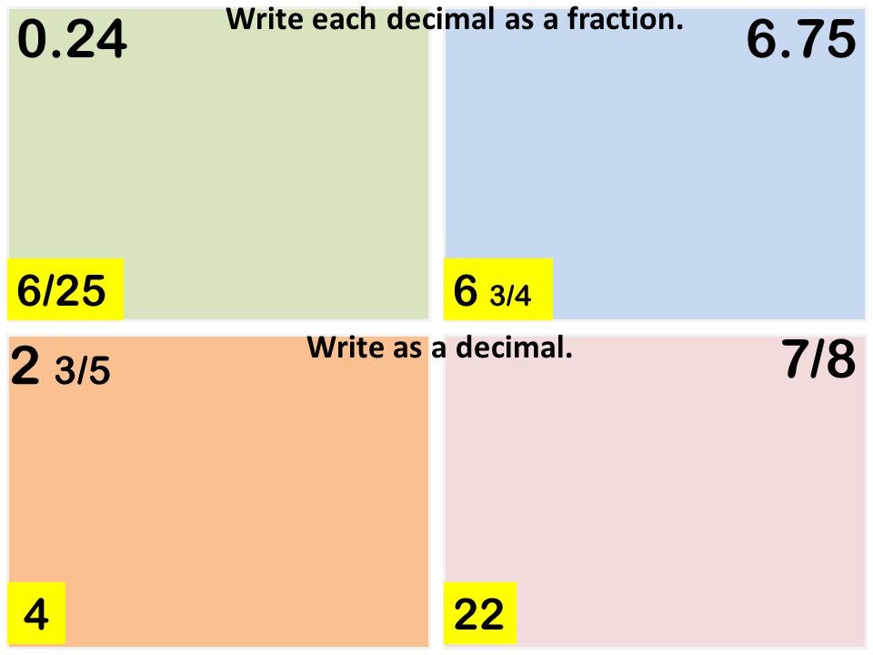 / /4 Write each decimal as a fraction. 2 3/5 22 Write as a decimal. 7/8