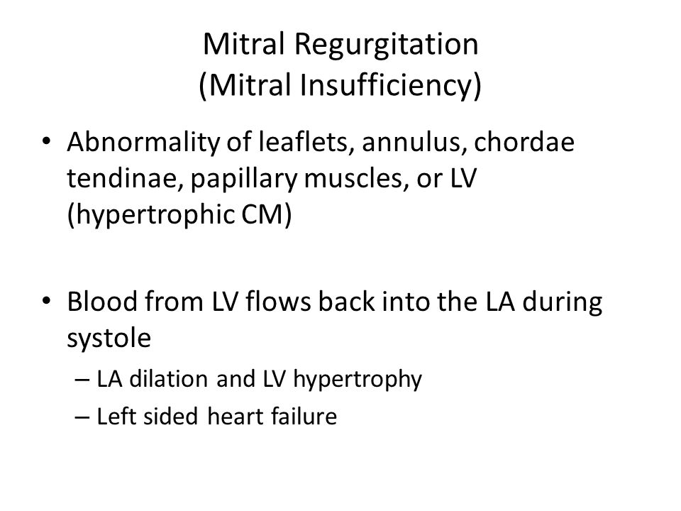 Mitral Regurgitation (Mitral Insufficiency) Abnormality of leaflets, annulus, chordae tendinae, papillary muscles, or LV (hypertrophic CM) Blood from LV flows back into the LA during systole – LA dilation and LV hypertrophy – Left sided heart failure
