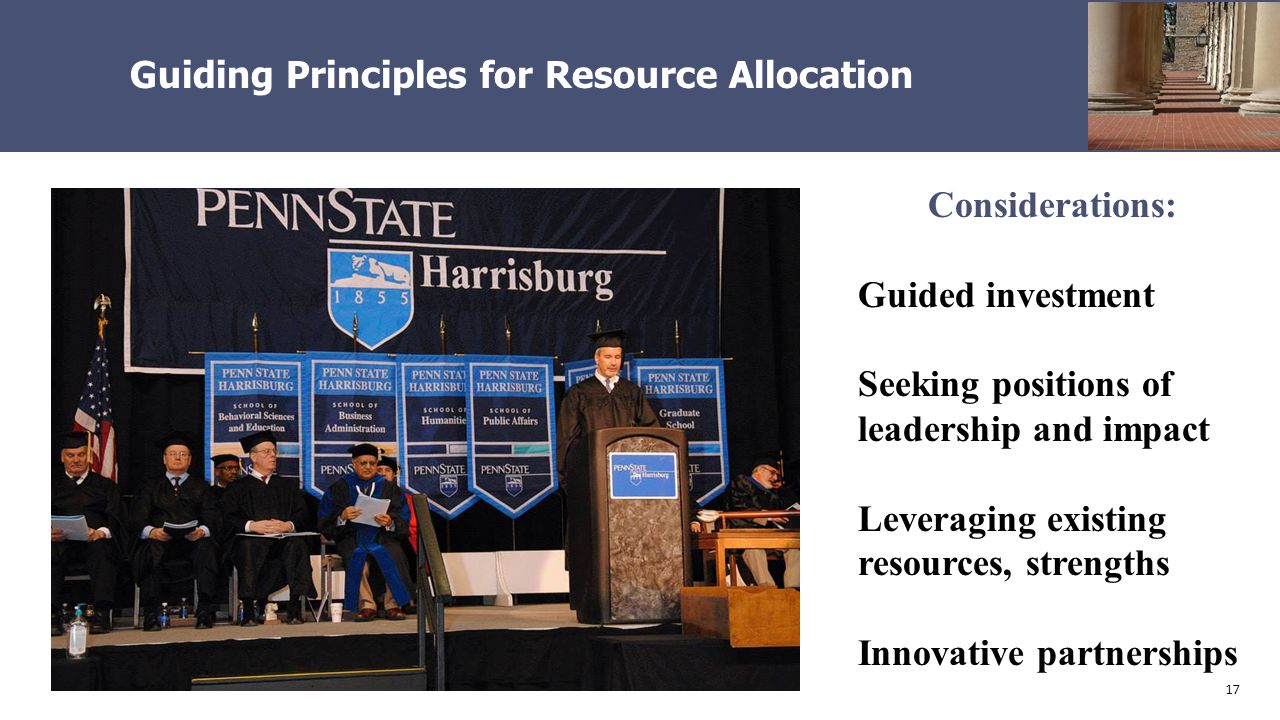 17 Guiding Principles for Resource Allocation Considerations: Guided investment Seeking positions of leadership and impact Leveraging existing resources, strengths Innovative partnerships
