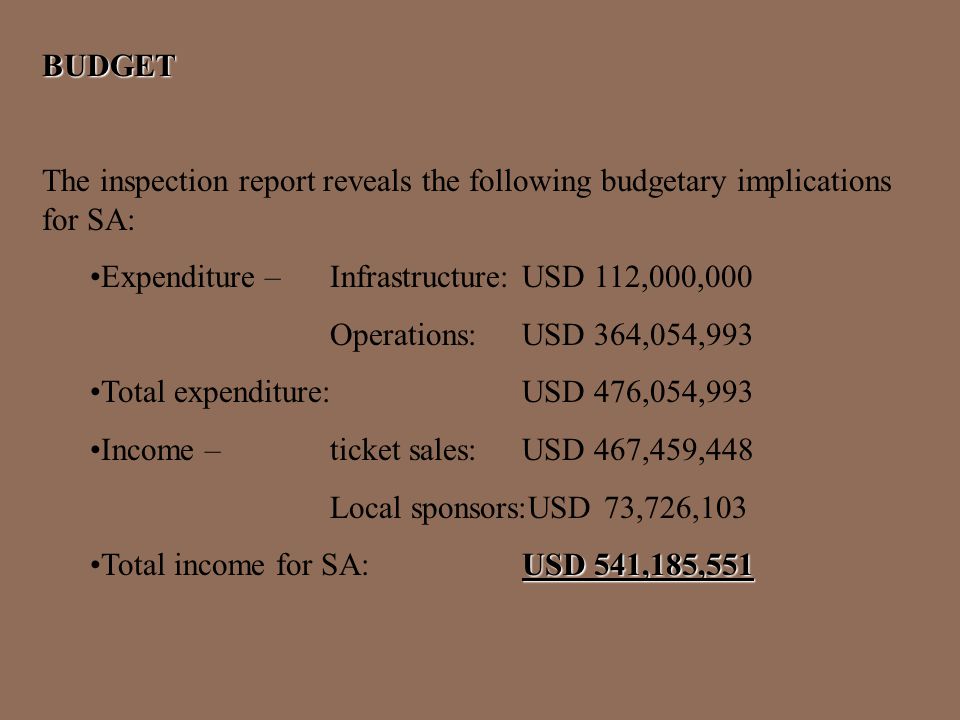 BUDGET The inspection report reveals the following budgetary implications for SA: Expenditure – Infrastructure: USD 112,000,000 Operations: USD 364,054,993 Total expenditure: USD 476,054,993 Income – ticket sales:USD 467,459,448 Local sponsors:USD 73,726,103 USD 541,185,551Total income for SA:USD 541,185,551