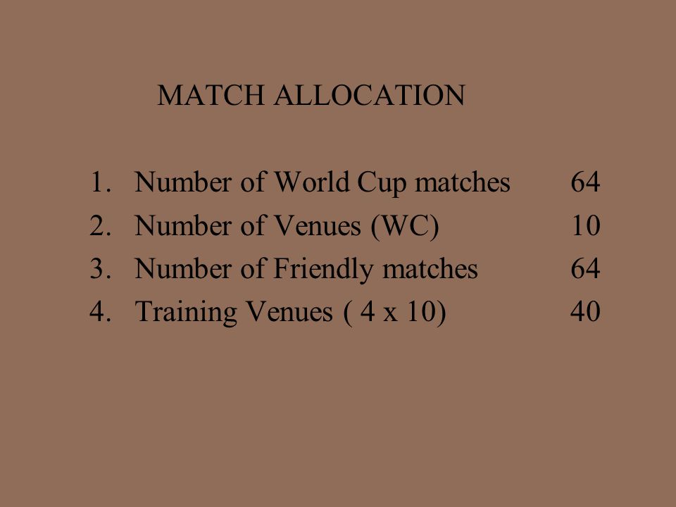 MATCH ALLOCATION 1.Number of World Cup matches 64 2.Number of Venues (WC) 10 3.Number of Friendly matches 64 4.Training Venues ( 4 x 10) 40
