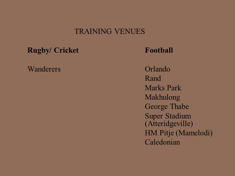 TRAINING VENUES Rugby/ Cricket Football WanderersOrlando Rand Marks Park Makhulong George Thabe Super Stadium (Atteridgeville) HM Pitje (Mamelodi) Caledonian