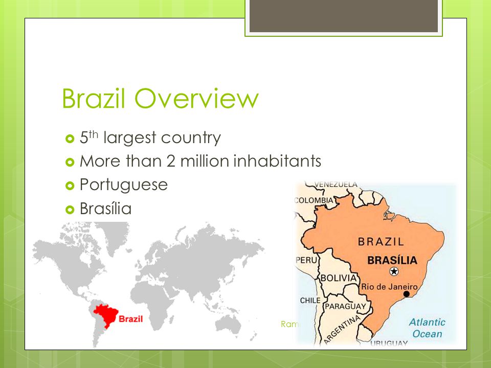 Brazil Overview  5 th largest country  More than 2 million inhabitants  Portuguese  Brasília Ramona Sigg Clio Tettoni Maya Simon