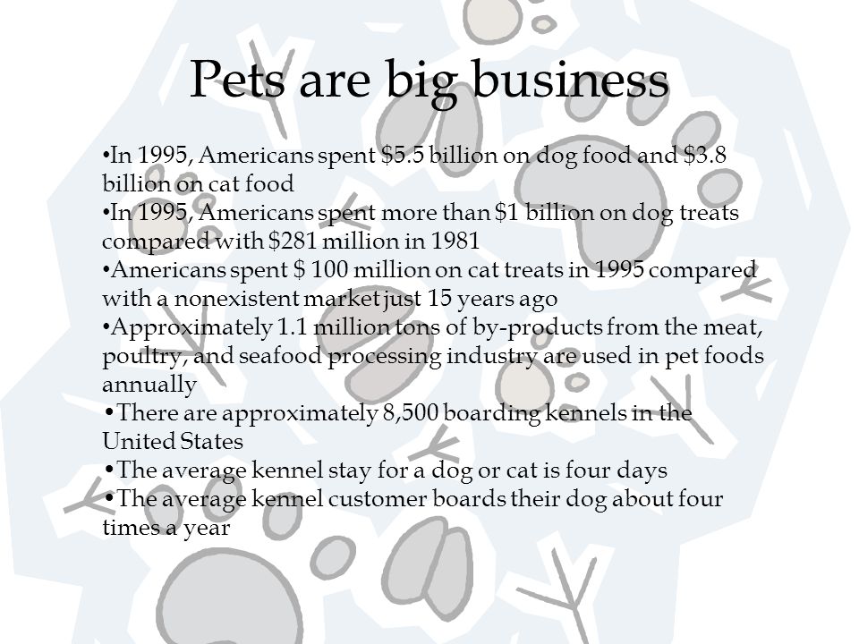 Pets are big business In 1995, Americans spent $5.5 billion on dog food and $3.8 billion on cat food In 1995, Americans spent more than $1 billion on dog treats compared with $281 million in 1981 Americans spent $ 100 million on cat treats in 1995 compared with a nonexistent market just 15 years ago Approximately 1.1 million tons of by-products from the meat, poultry, and seafood processing industry are used in pet foods annually There are approximately 8,500 boarding kennels in the United States The average kennel stay for a dog or cat is four days The average kennel customer boards their dog about four times a year