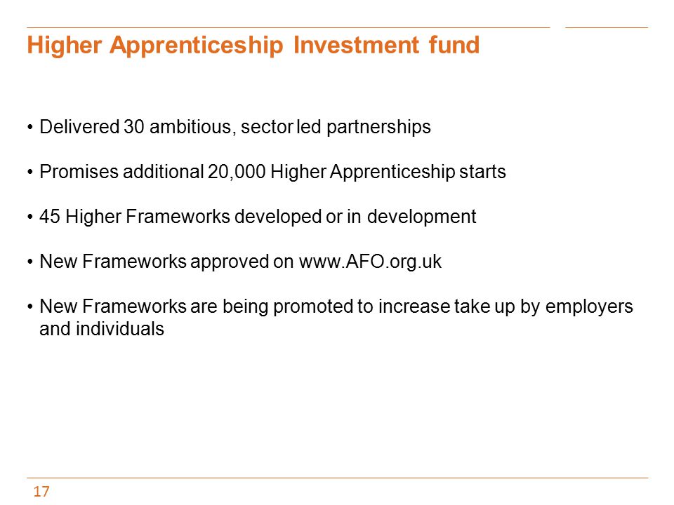 Higher Apprenticeship Investment fund Delivered 30 ambitious, sector led partnerships Promises additional 20,000 Higher Apprenticeship starts 45 Higher Frameworks developed or in development New Frameworks approved on   New Frameworks are being promoted to increase take up by employers and individuals 17