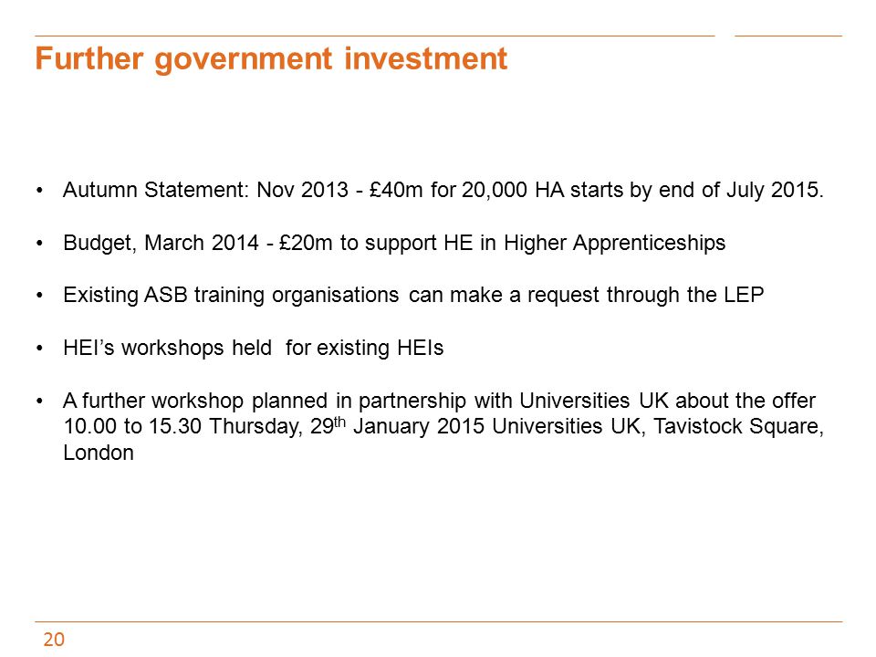 Further government investment Autumn Statement: Nov £40m for 20,000 HA starts by end of July 2015.