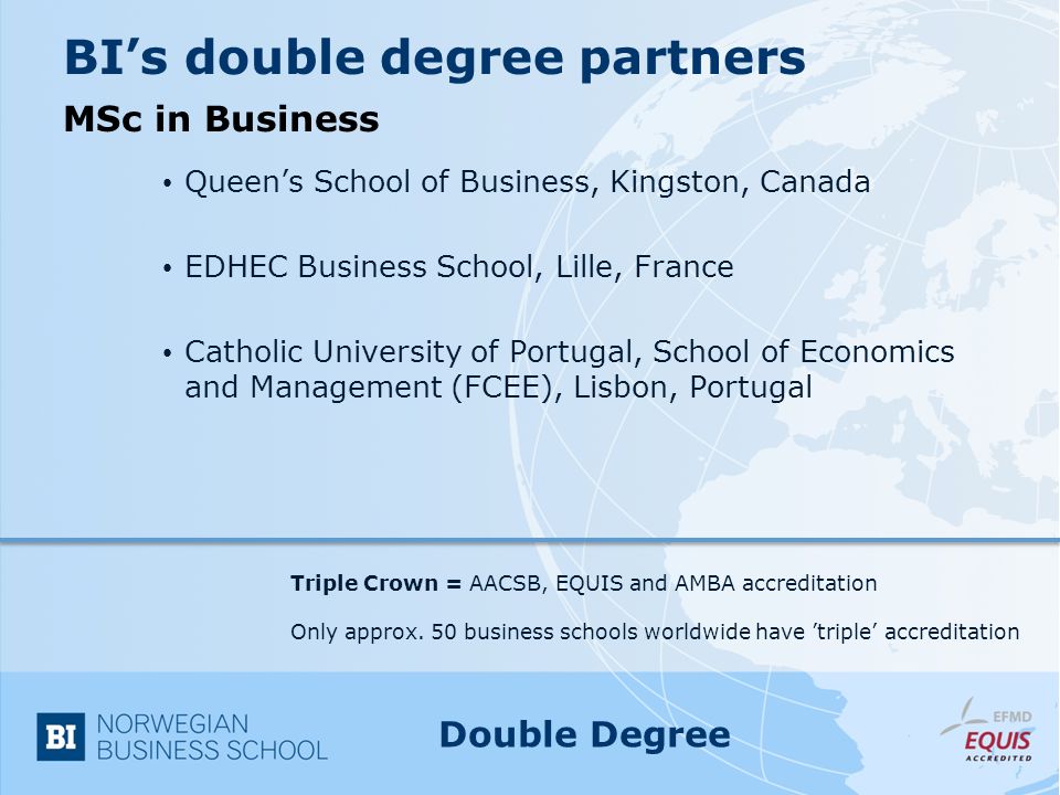 BI’s double degree partners MSc in Business Queen’s School of Business, Kingston, Canada EDHEC Business School, Lille, France Catholic University of Portugal, School of Economics and Management (FCEE), Lisbon, Portugal Double Degree Triple Crown = AACSB, EQUIS and AMBA accreditation Only approx.