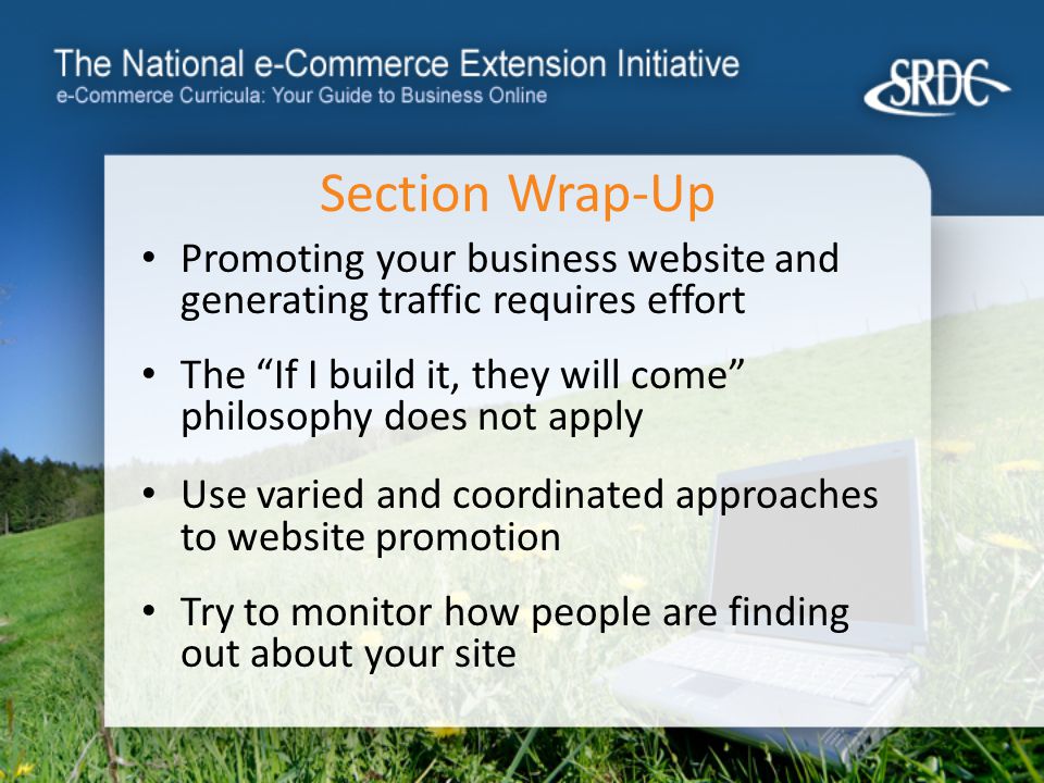 Section Wrap-Up Promoting your business website and generating traffic requires effort The If I build it, they will come philosophy does not apply Use varied and coordinated approaches to website promotion Try to monitor how people are finding out about your site