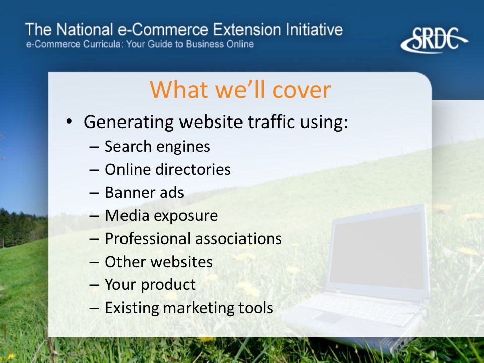 What we’ll cover Generating website traffic using: – Search engines – Online directories – Banner ads – Media exposure – Professional associations – Other websites – Your product – Existing marketing tools