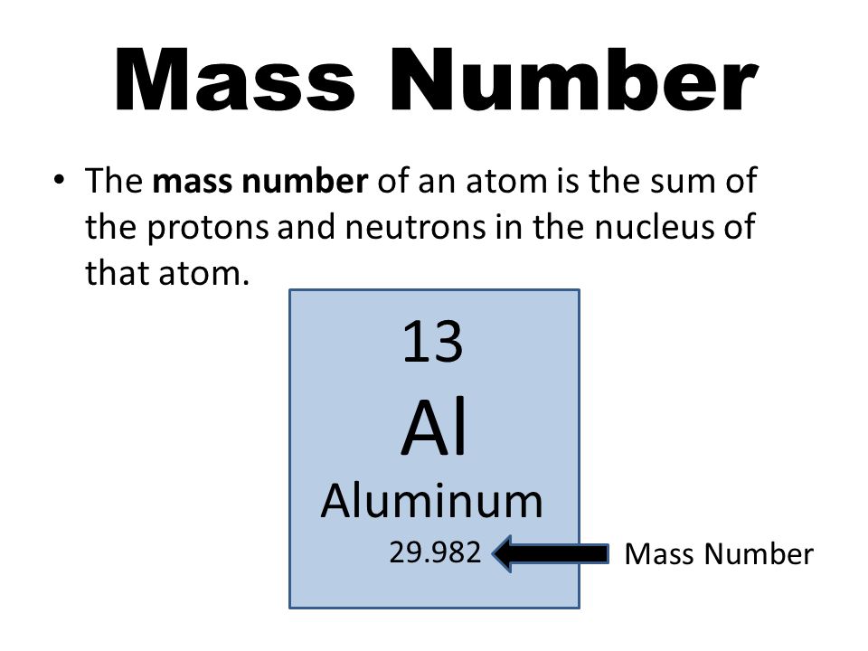 Mass Number The mass number of an atom is the sum of the protons and neutrons in the nucleus of that atom.