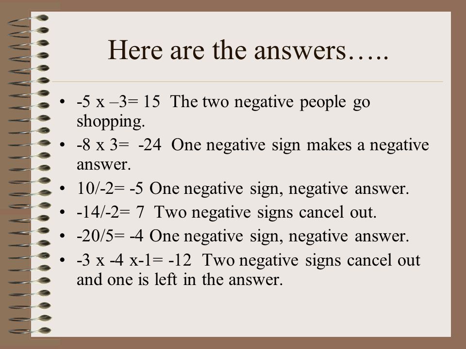 Here are the answers….. -5 x –3= 15 The two negative people go shopping.
