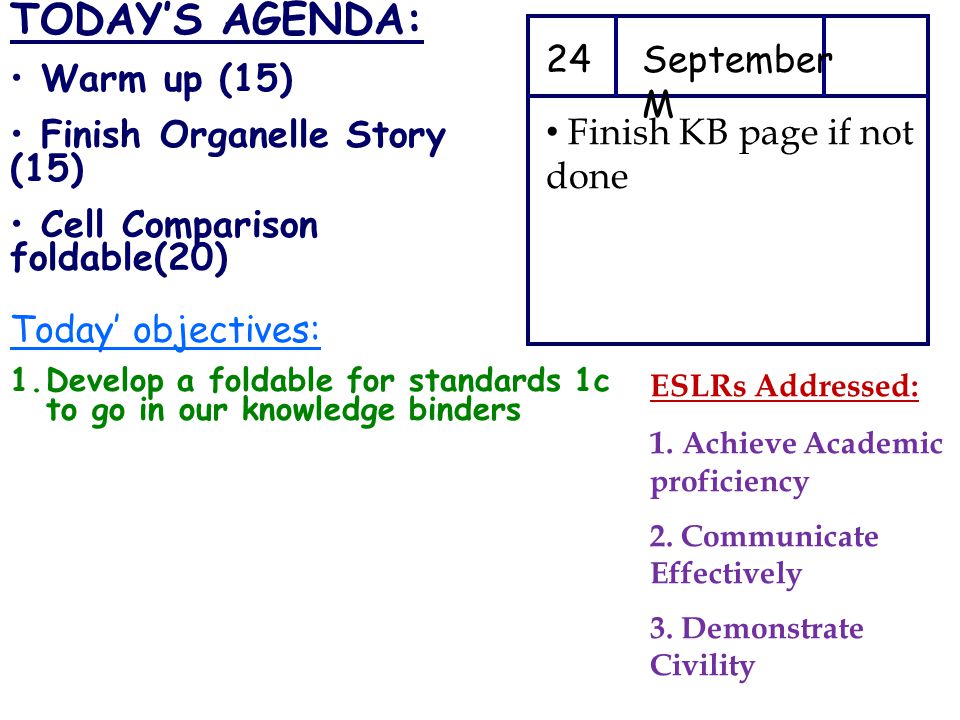 TODAY’S AGENDA: Warm up (15) Finish Organelle Story (15) Cell Comparison foldable(20) 24September M Today’ objectives: 1.Develop a foldable for standards 1c to go in our knowledge binders Finish KB page if not done ESLRs Addressed: 1.