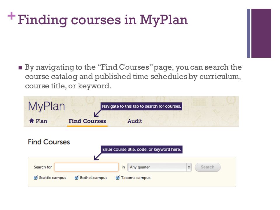 + Finding courses in MyPlan By navigating to the Find Courses page, you can search the course catalog and published time schedules by curriculum, course title, or keyword.