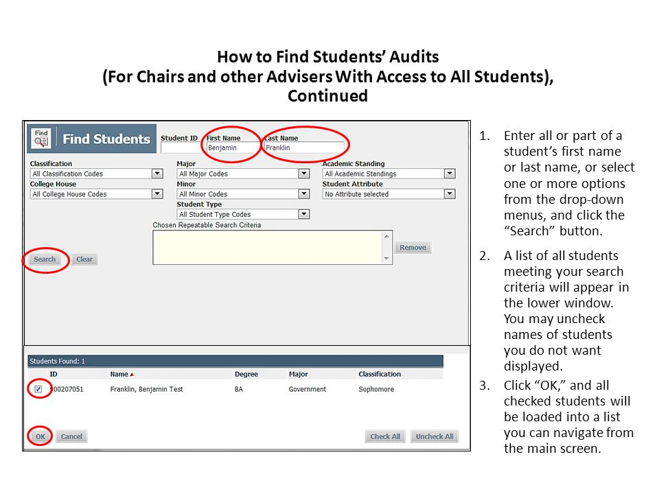 1.Enter all or part of a student’s first name or last name, or select one or more options from the drop-down menus, and click the Search button.