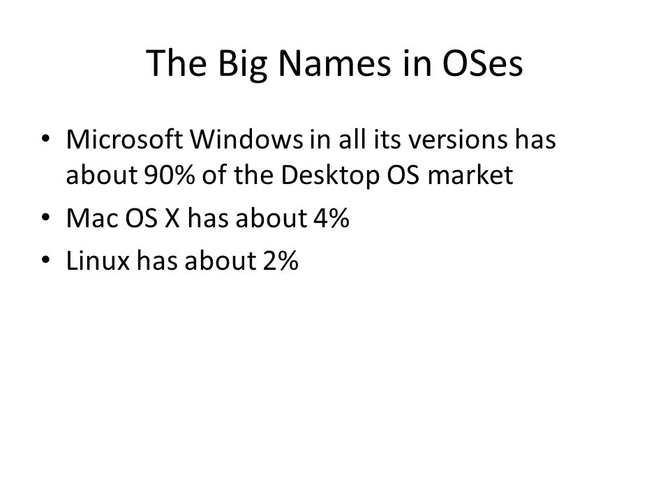 The Big Names in OSes Microsoft Windows in all its versions has about 90% of the Desktop OS market Mac OS X has about 4% Linux has about 2%