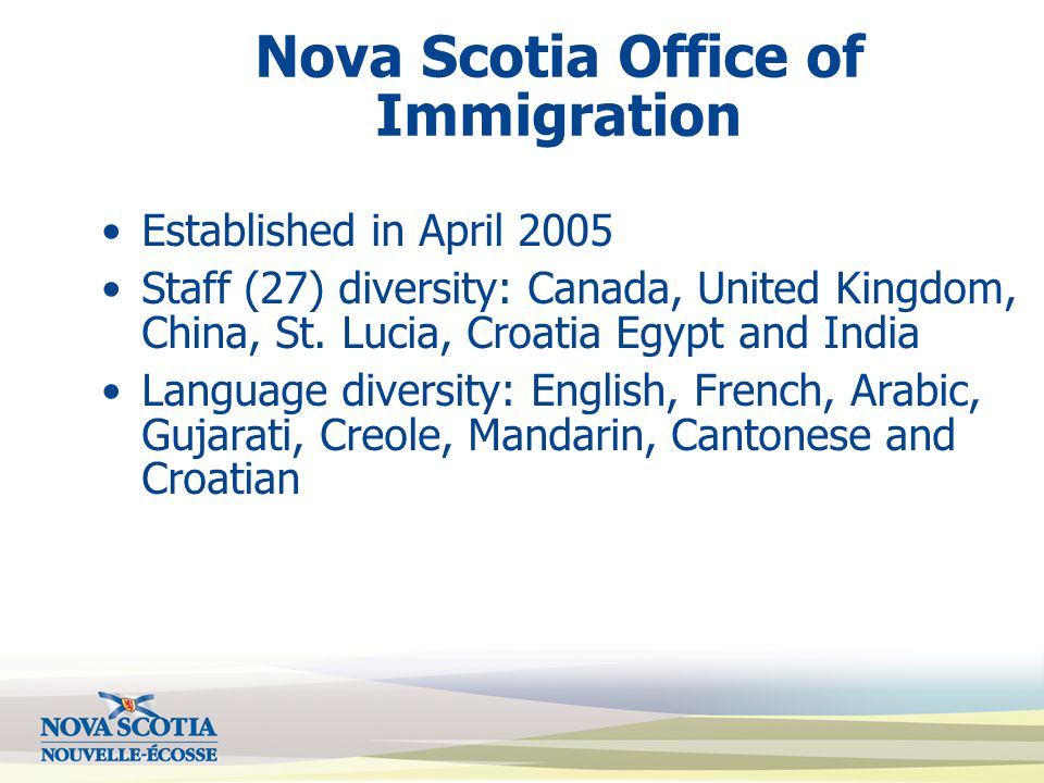 Nova Scotia Office of Immigration Established in April 2005 Staff (27) diversity: Canada, United Kingdom, China, St.