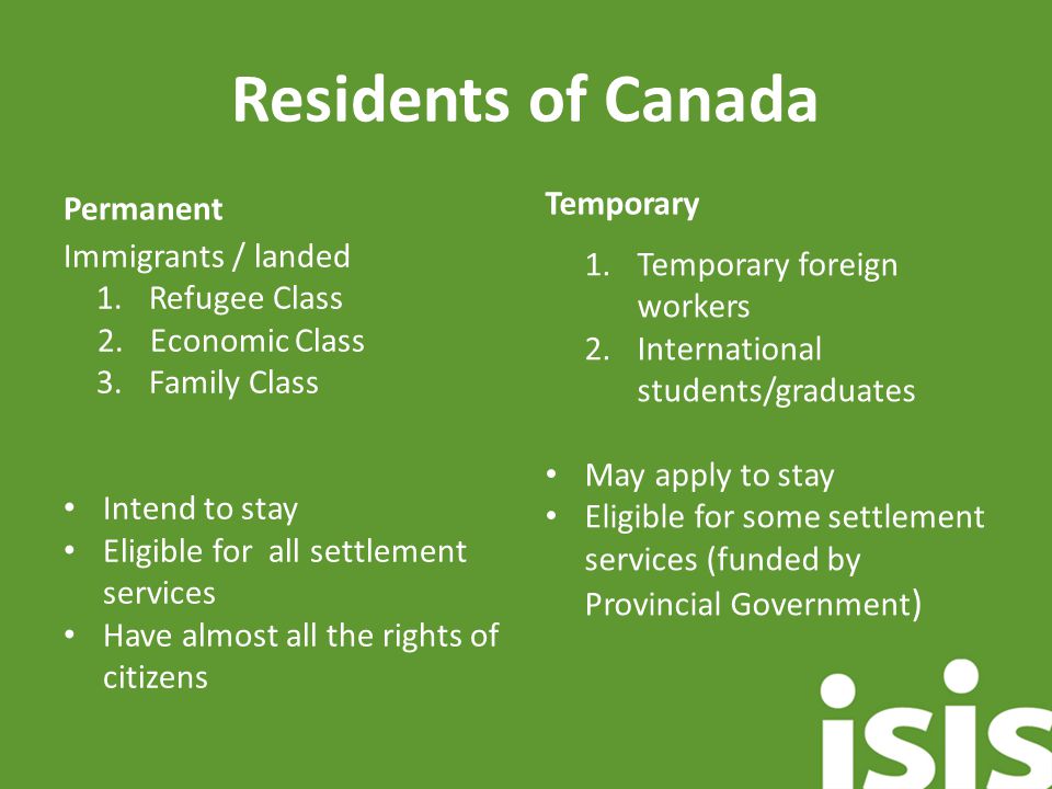 Residents of Canada Permanent Immigrants / landed 1.Refugee Class 2.Economic Class 3.Family Class Intend to stay Eligible for all settlement services Have almost all the rights of citizens Temporary 1.Temporary foreign workers 2.International students/graduates May apply to stay Eligible for some settlement services (funded by Provincial Government )