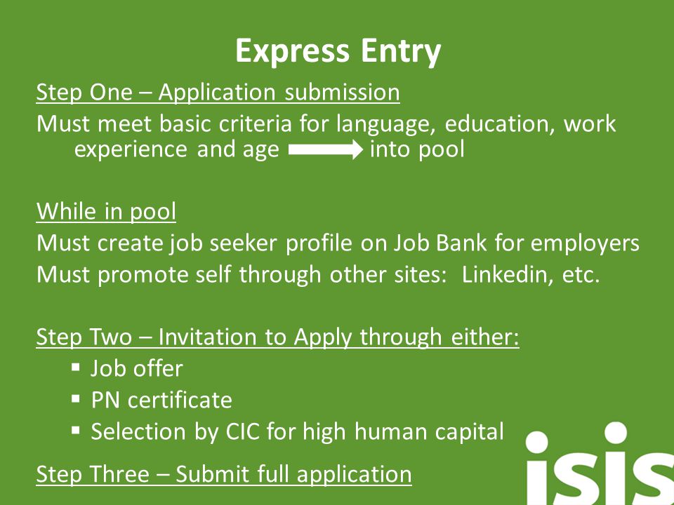 Express Entry Step One – Application submission Must meet basic criteria for language, education, work experience and age into pool While in pool Must create job seeker profile on Job Bank for employers Must promote self through other sites: Linkedin, etc.