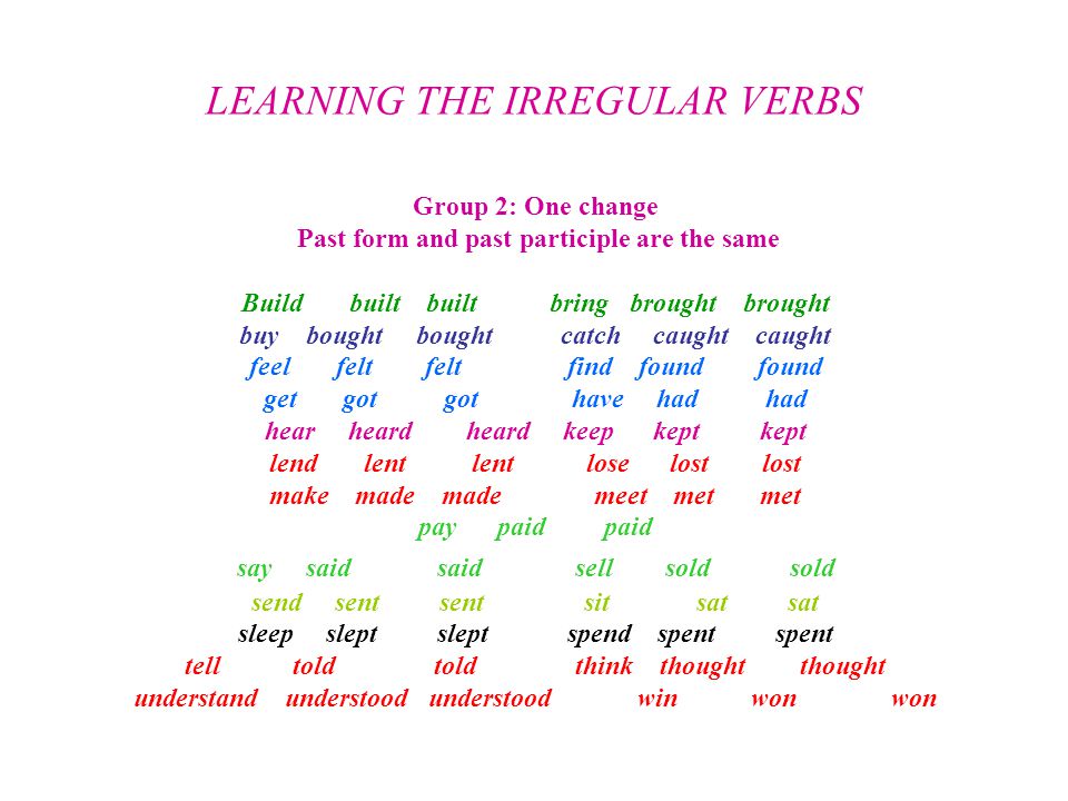 LEARNING THE IRREGULAR VERBS Group 2: One change Past form and past participle are the same Build built built bring brought brought buy bought bought catch caught caught feel felt felt find found found get got got have had had hear heard heard keep kept kept lend lent lent lose lost lost make made made meet met met pay paid paid say said said sell sold sold send sent sent sit sat sat sleep slept slept spend spent spent tell told told think thought thought understand understood understood win won won