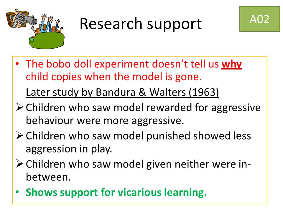 Research support The bobo doll experiment doesn’t tell us why child copies when the model is gone.