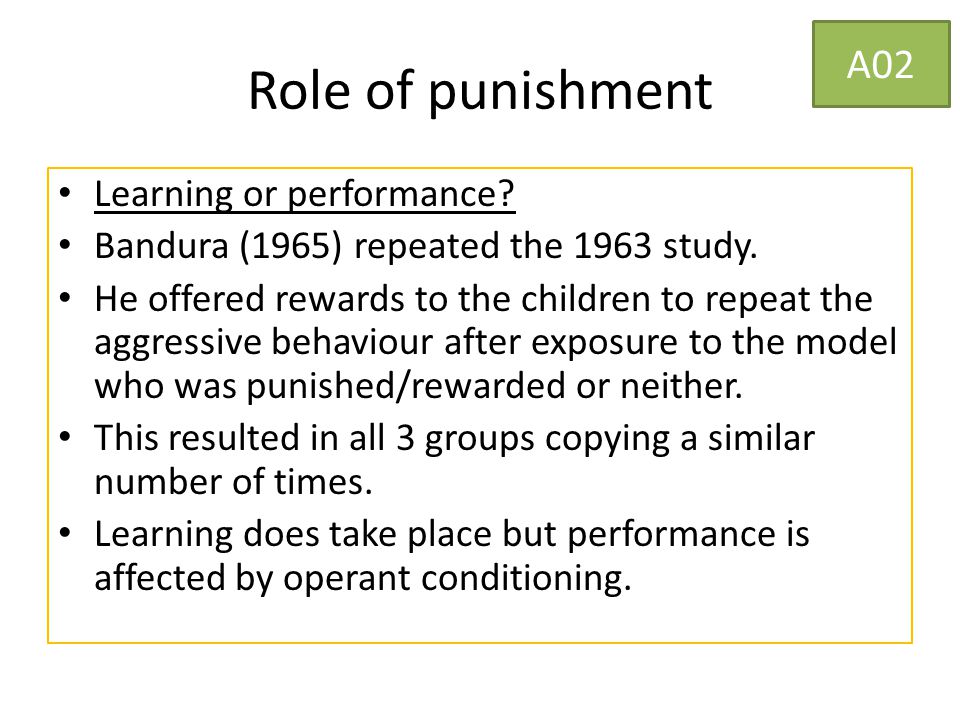 Role of punishment Learning or performance. Bandura (1965) repeated the 1963 study.