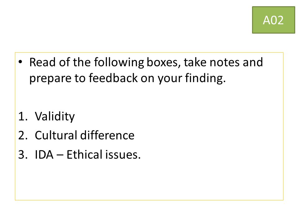 Read of the following boxes, take notes and prepare to feedback on your finding.