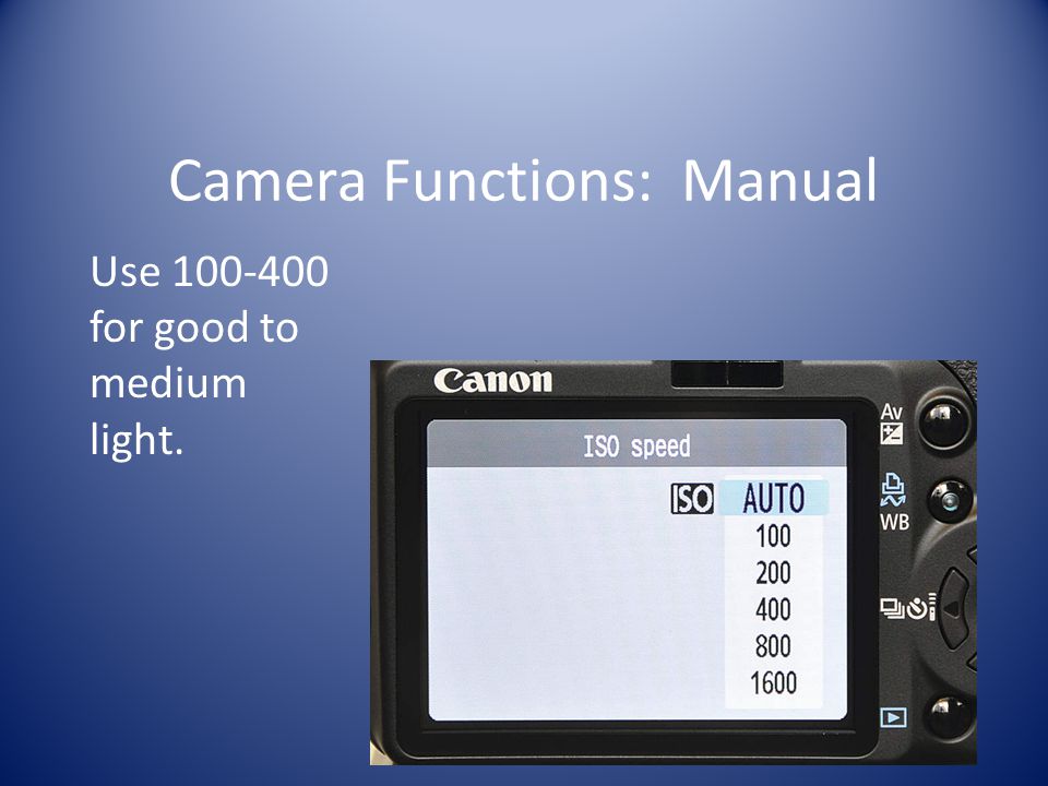 Camera Functions: Manual Use for good to medium light.