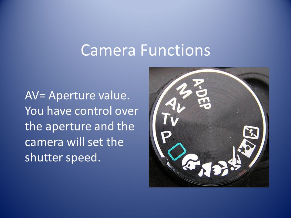 Camera Functions AV= Aperture value.