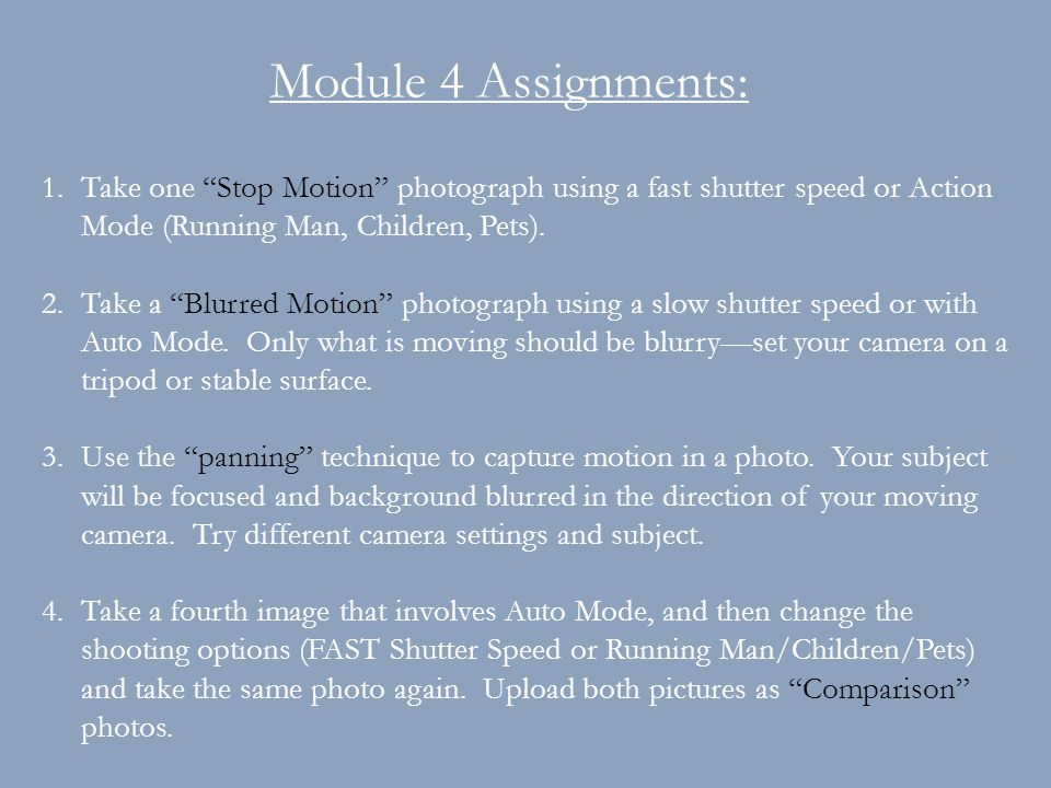Module 4 Assignments: 1.Take one Stop Motion photograph using a fast shutter speed or Action Mode (Running Man, Children, Pets).