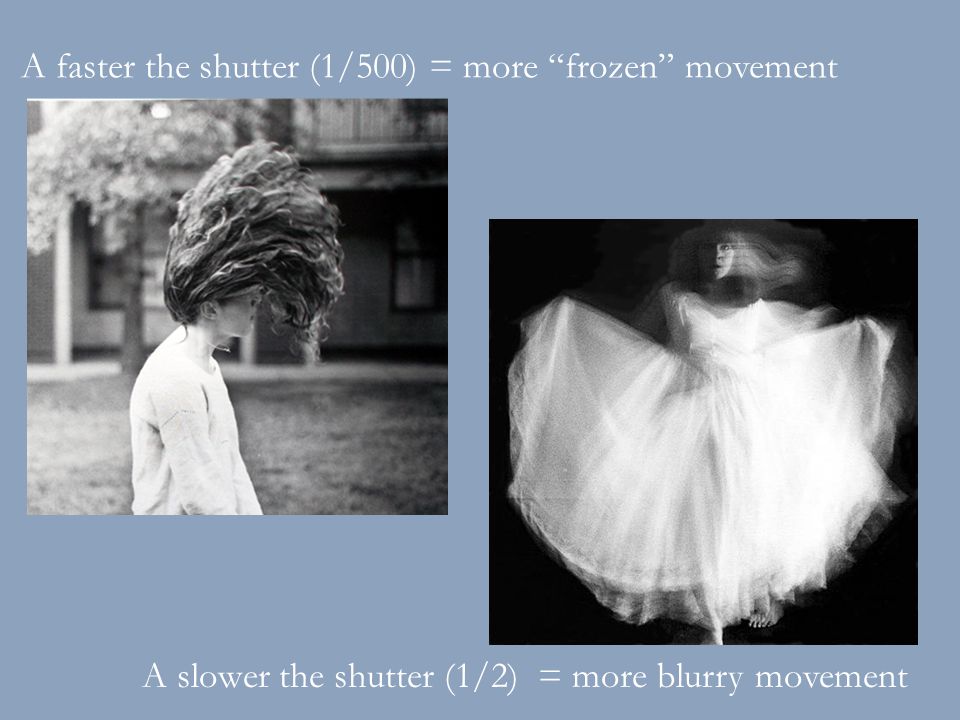 A faster the shutter (1/500) = more frozen movement A slower the shutter (1/2) = more blurry movement