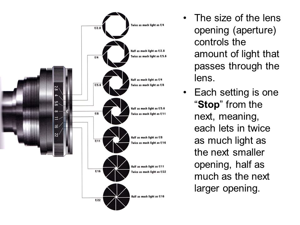 The size of the lens opening (aperture) controls the amount of light that passes through the lens.
