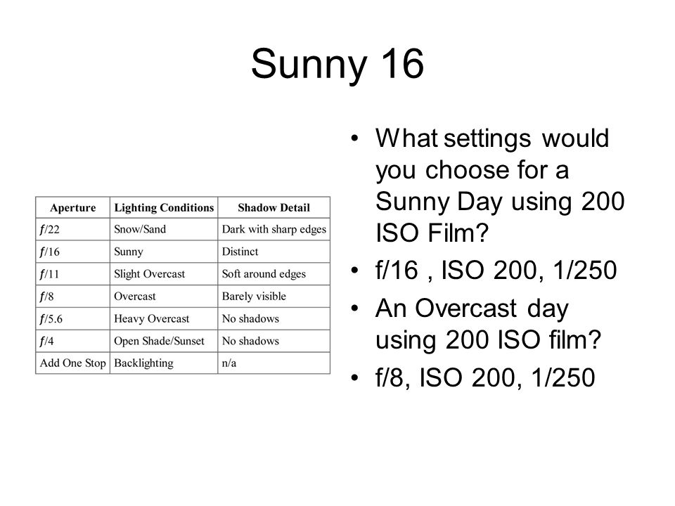 Sunny 16 What settings would you choose for a Sunny Day using 200 ISO Film.