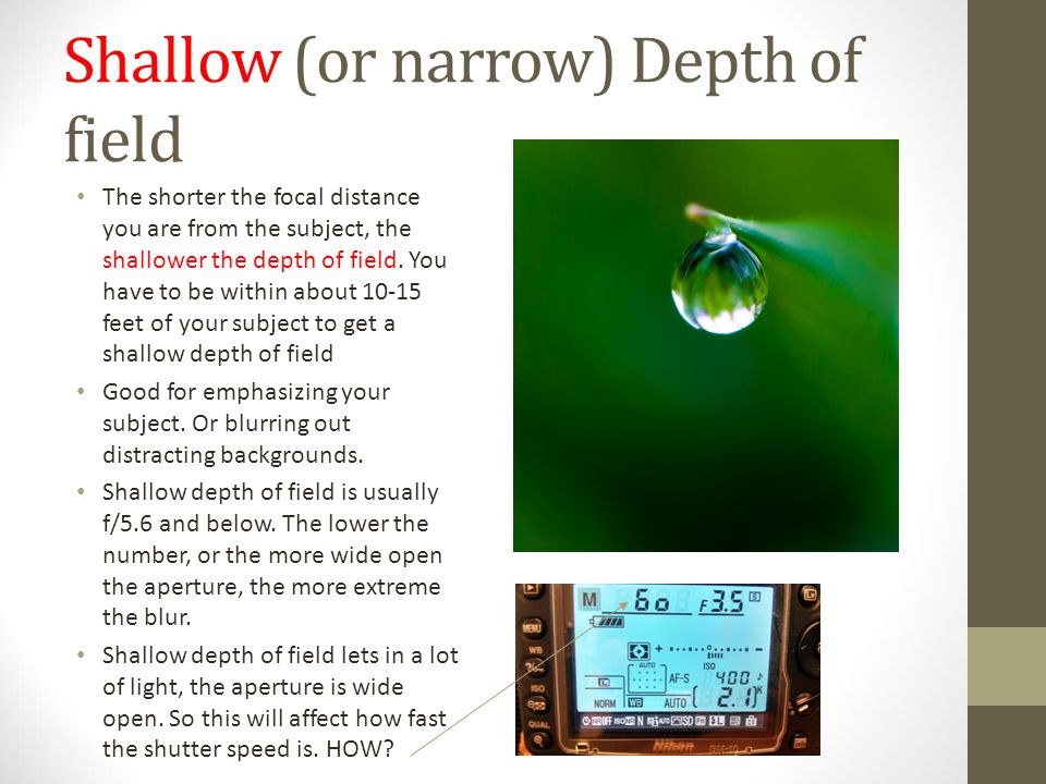 Shallow (or narrow) Depth of field The shorter the focal distance you are from the subject, the shallower the depth of field.