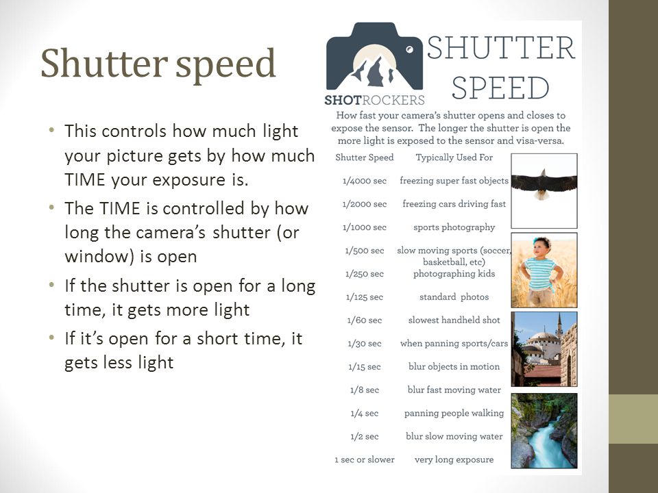 Shutter speed This controls how much light your picture gets by how much TIME your exposure is.