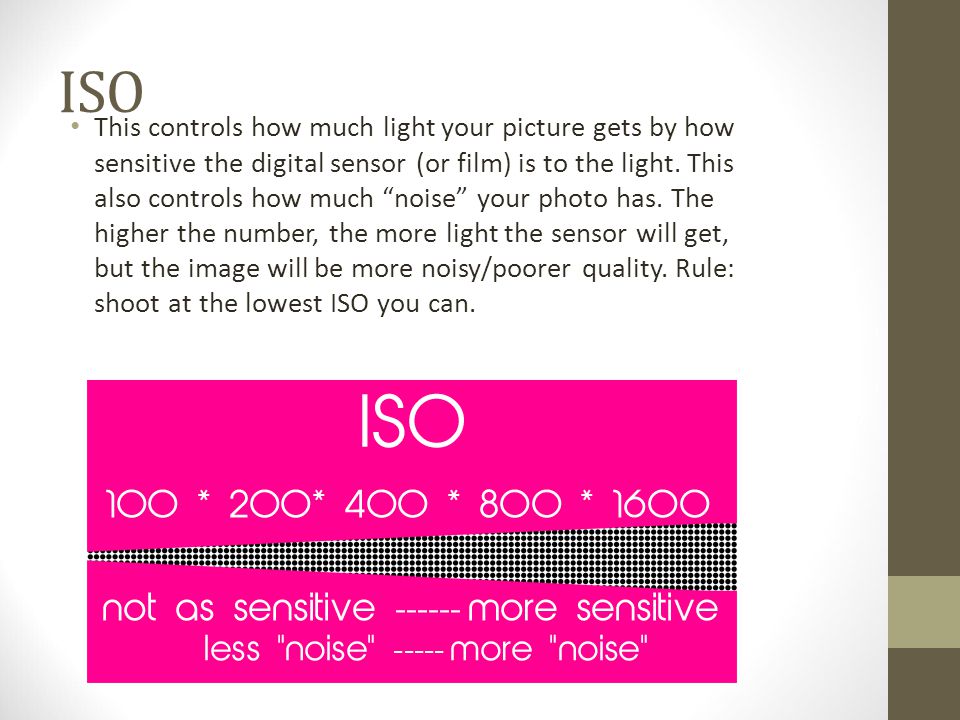 ISO This controls how much light your picture gets by how sensitive the digital sensor (or film) is to the light.