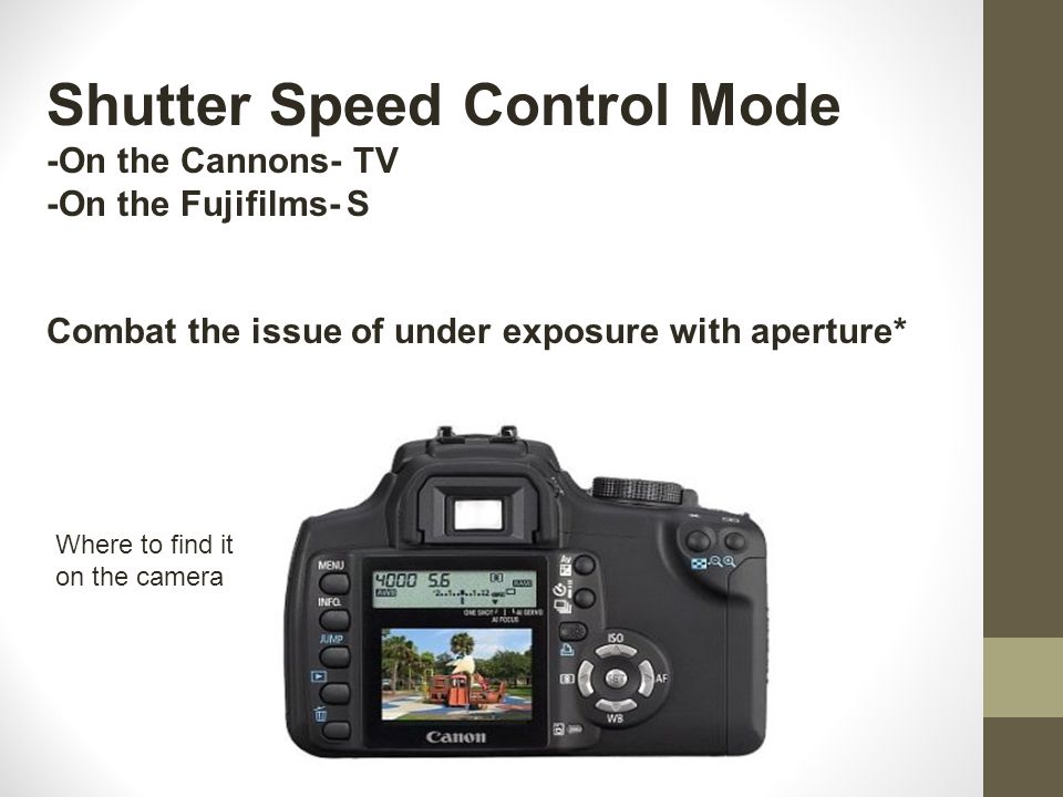 Shutter Speed Control Mode -On the Cannons- TV -On the Fujifilms- S Combat the issue of under exposure with aperture* Where to find it on the camera