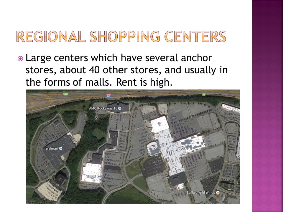  Large centers which have several anchor stores, about 40 other stores, and usually in the forms of malls.