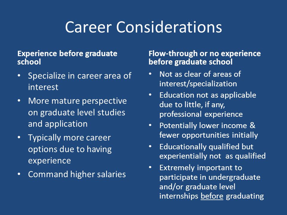 Career Considerations Experience before graduate school Specialize in career area of interest More mature perspective on graduate level studies and application Typically more career options due to having experience Command higher salaries Flow-through or no experience before graduate school Not as clear of areas of interest/specialization Education not as applicable due to little, if any, professional experience Potentially lower income & fewer opportunities initially Educationally qualified but experientially not as qualified Extremely important to participate in undergraduate and/or graduate level internships before graduating