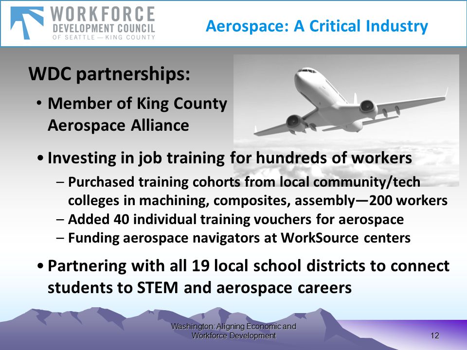 Washington: Aligning Economic and Workforce Development 12 Aerospace: A Critical Industry Investing in job training for hundreds of workers –Purchased training cohorts from local community/tech colleges in machining, composites, assembly—200 workers –Added 40 individual training vouchers for aerospace –Funding aerospace navigators at WorkSource centers Partnering with all 19 local school districts to connect students to STEM and aerospace careers WDC partnerships: Member of King County Aerospace Alliance