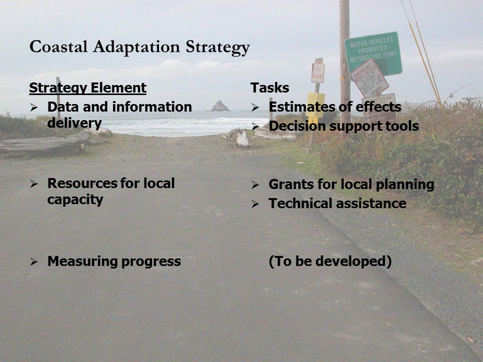 Coastal Adaptation Strategy Strategy Element   Data and information delivery   Resources for local capacity   Measuring progress Tasks   Estimates of effects   Decision support tools   Grants for local planning   Technical assistance (To be developed)