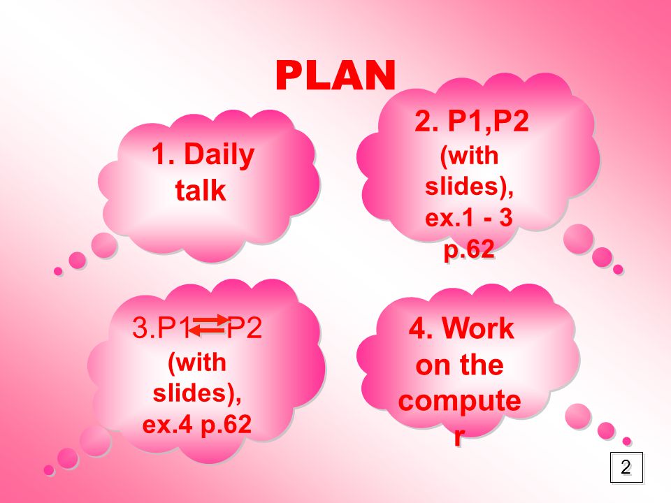 PLAN 1. Daily talk 2. P1,P2 (with slides), ex p
