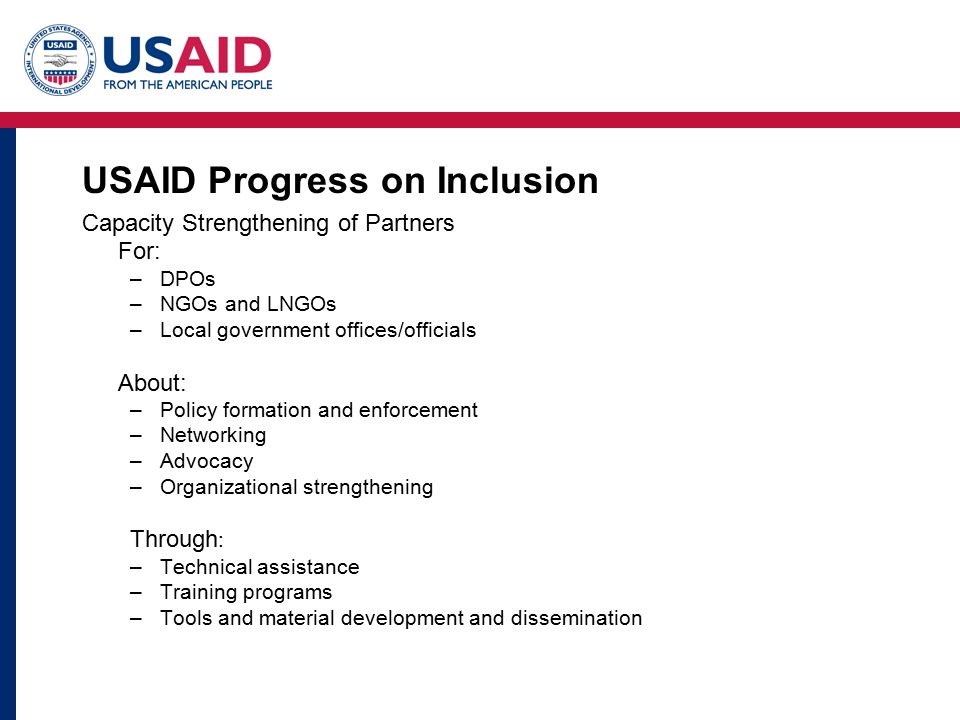 USAID Progress on Inclusion Capacity Strengthening of Partners For: –DPOs –NGOs and LNGOs –Local government offices/officials About: –Policy formation and enforcement –Networking –Advocacy –Organizational strengthening Through : –Technical assistance –Training programs –Tools and material development and dissemination