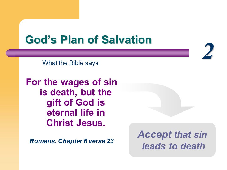God’s Plan of Salvation What the Bible says: For the wages of sin is death, but the gift of God is eternal life in Christ Jesus.