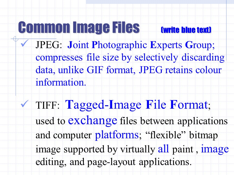 Common Image Files (write blue text) JPEG: Joint Photographic Experts Group; compresses file size by selectively discarding data, unlike GIF format, JPEG retains colour information.