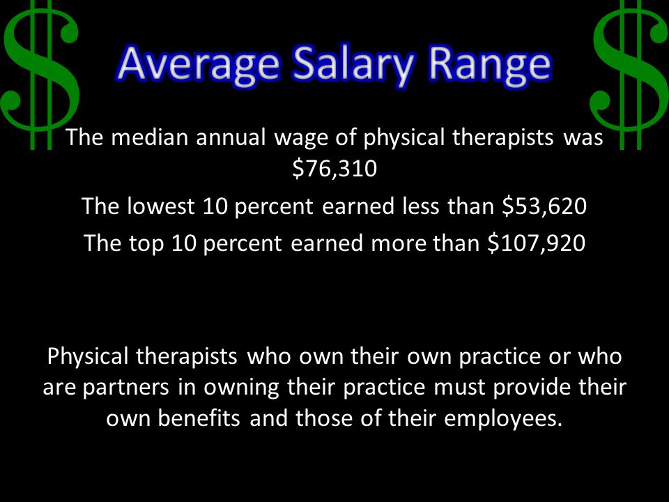 The median annual wage of physical therapists was $76,310 The lowest 10 percent earned less than $53,620 The top 10 percent earned more than $107,920 Physical therapists who own their own practice or who are partners in owning their practice must provide their own benefits and those of their employees.