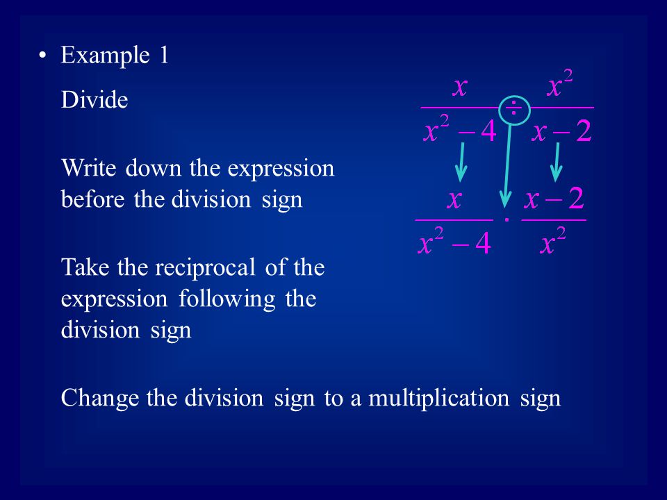 Example 1 Take the reciprocal of the expression following the division sign Divide Change the division sign to a multiplication sign Write down the expression before the division sign