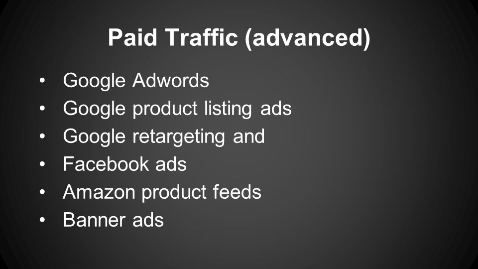 Paid Traffic (advanced) Google Adwords Google product listing ads Google retargeting and Facebook ads Amazon product feeds Banner ads