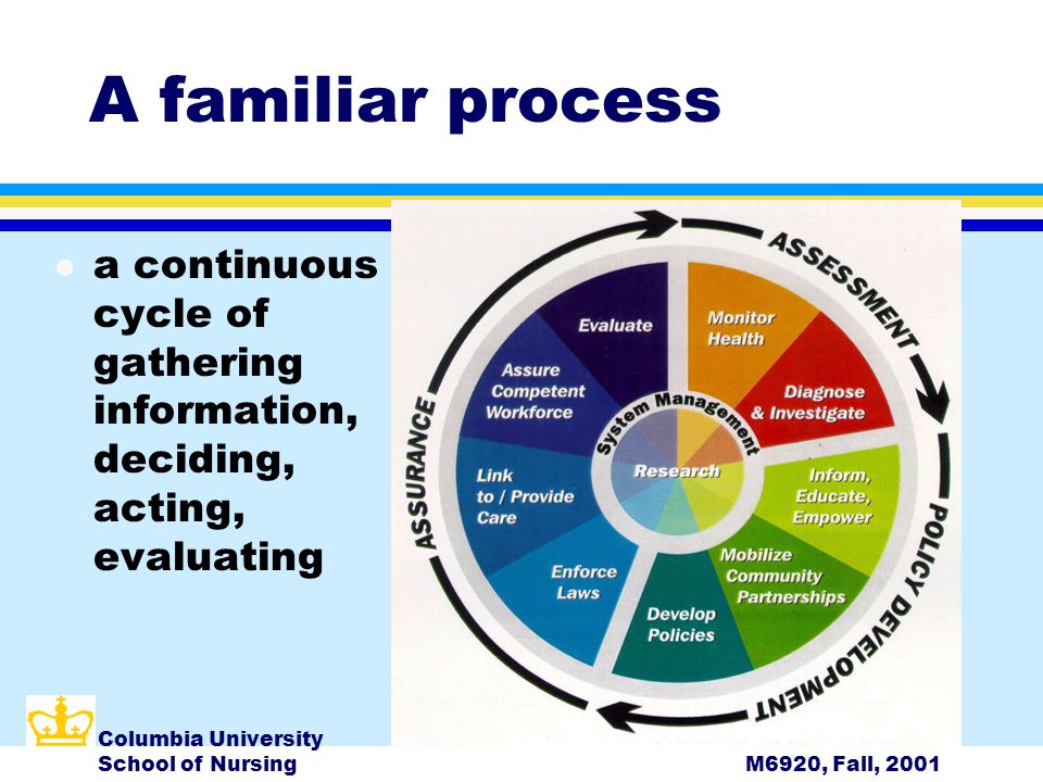 Columbia University School of NursingM6920, Fall, 2001 A familiar process l a continuous cycle of gathering information, deciding, acting, evaluating
