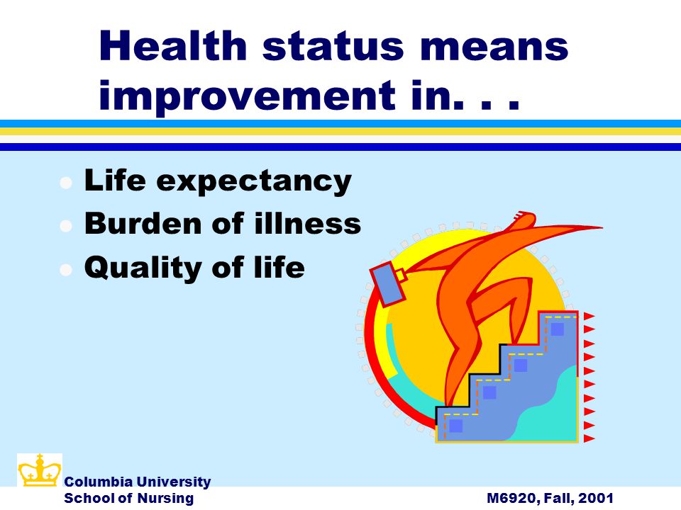 Columbia University School of NursingM6920, Fall, 2001 Health status means improvement in...